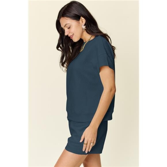 Double Take Full Size Texture Short Sleeve T-Shirt and Drawstring Shorts Set - Picture 16 of 16